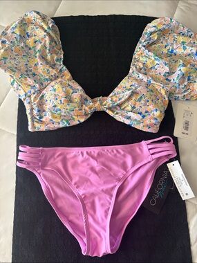 Pastel Floral Bandeau off the shoulder Top with Pink Bikini Bottoms.